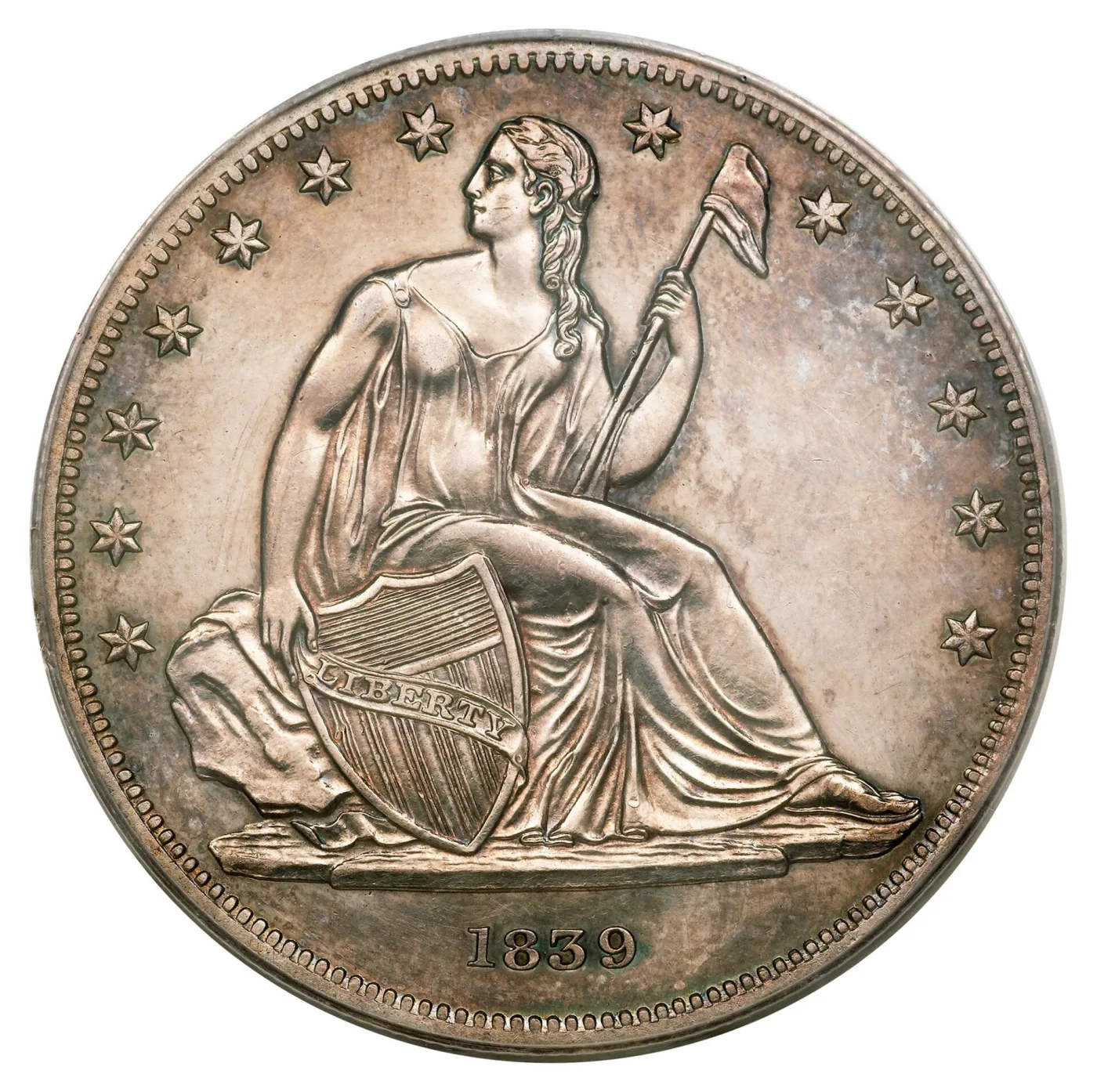 Obverse of an 1839 Gobrecht dollar with stars ringing the seated figure of Liberty and the date 1839 below