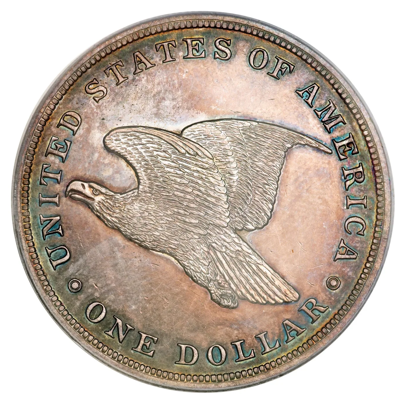 Reverse of an 1839 Gobrecht dollar with the flying eagle alone in an open field and no stars