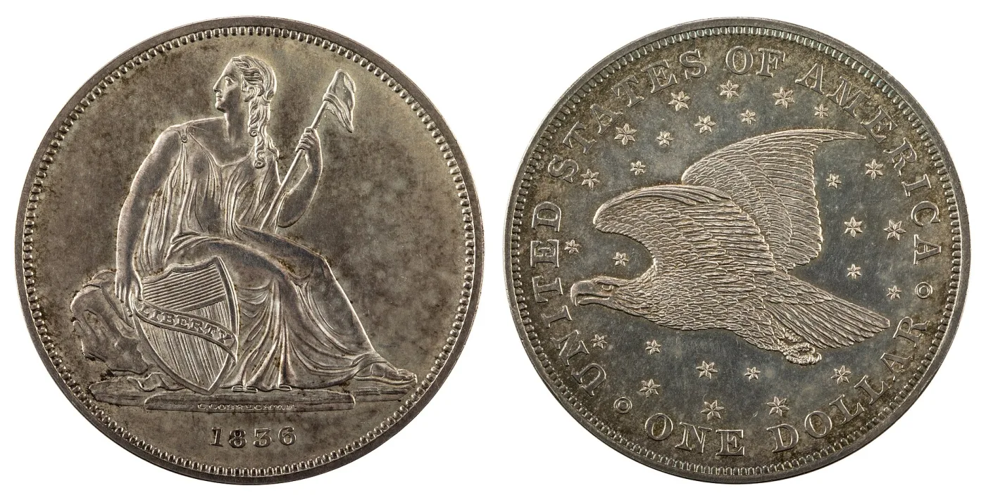Obverse and reverse of an 1836 Gobrecht dollar with the signature on the base and stars on the reverse