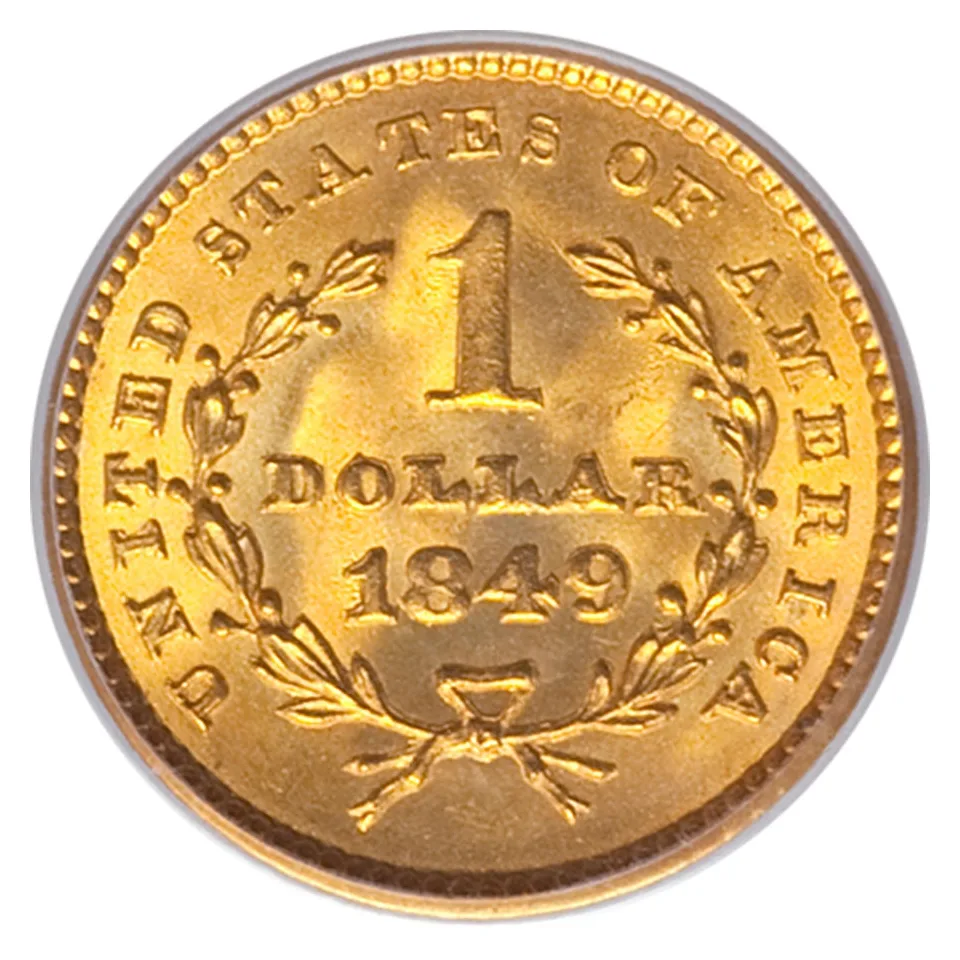 Reverse of an 1849 gold dollar with the Closed Wreath, the branch tips curling inward and rising past the numeral 1 until they nearly meet at the top
