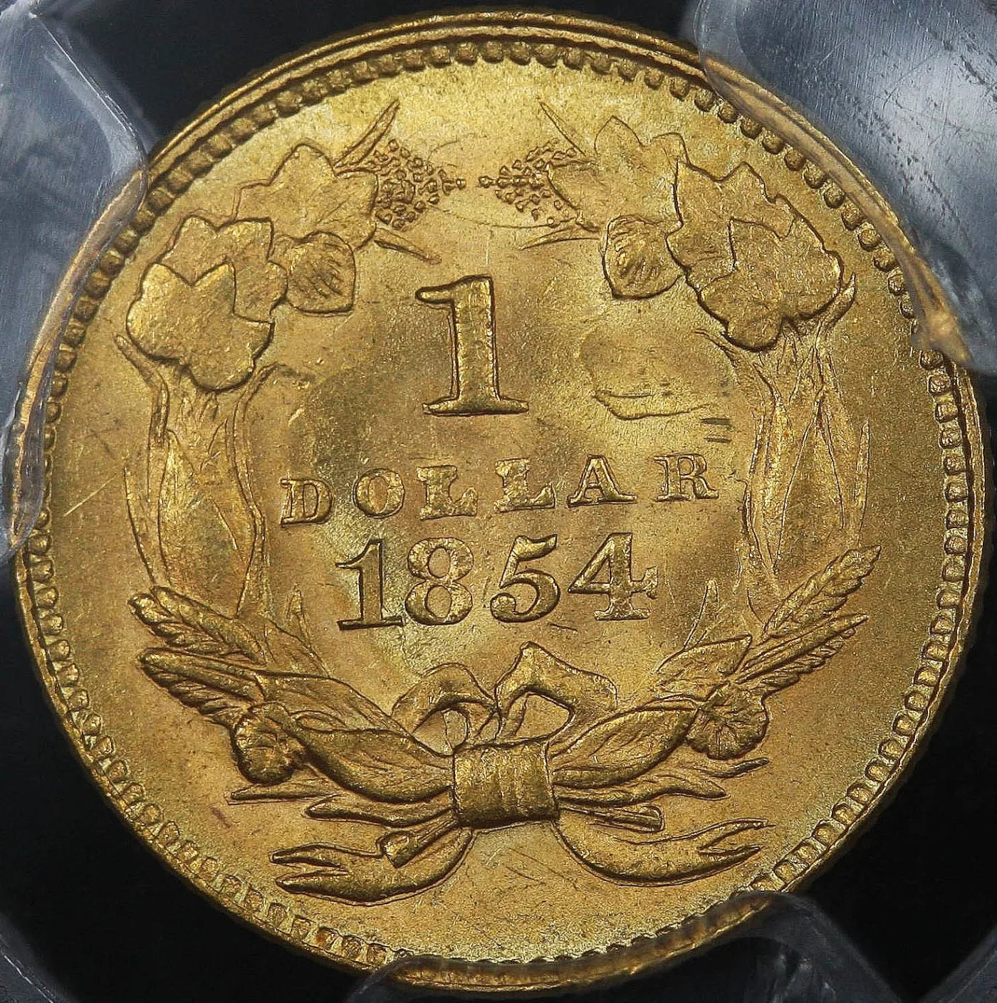 Magnified reverse of an 1854 Type 2 gold dollar inside a grading holder, the agricultural wreath tied with a bow enclosing 1 DOLLAR above the date 1854