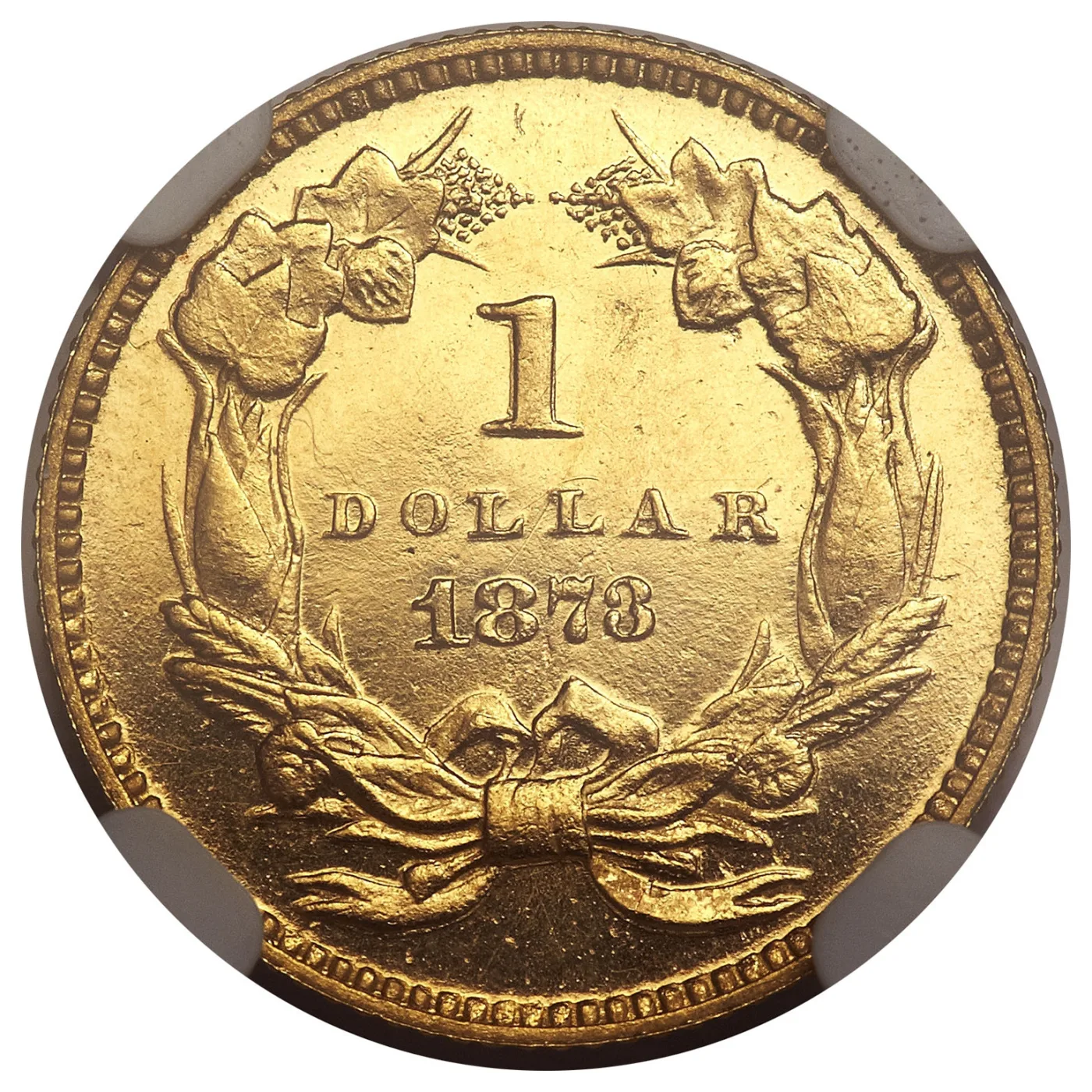 Reverse of an 1873 gold dollar in an NGC holder showing the Closed 3, the knobs of the 3 curled tightly inward so the digit nearly closes into a loop, on frosty satin surfaces