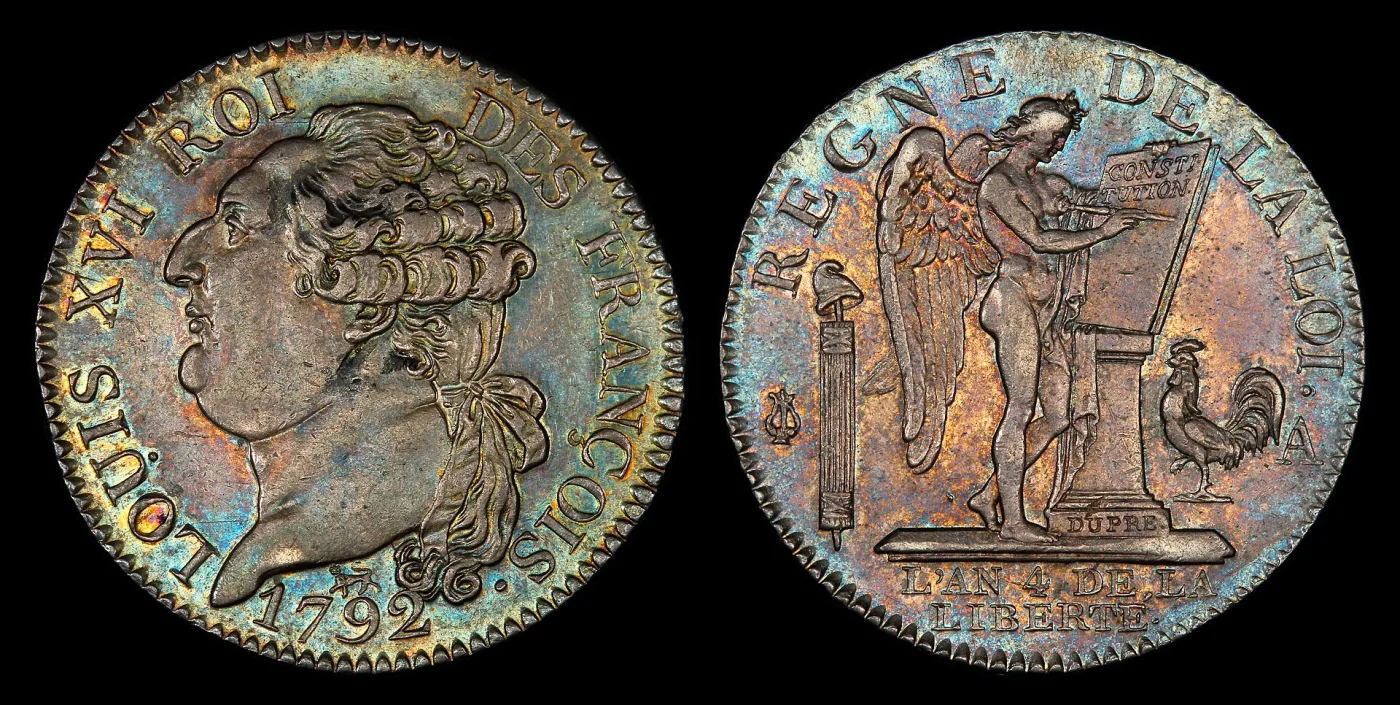 Obverse and reverse of a 1792-A French half ecu of Louis XVI covered in iridescent blue, gold and rose toning