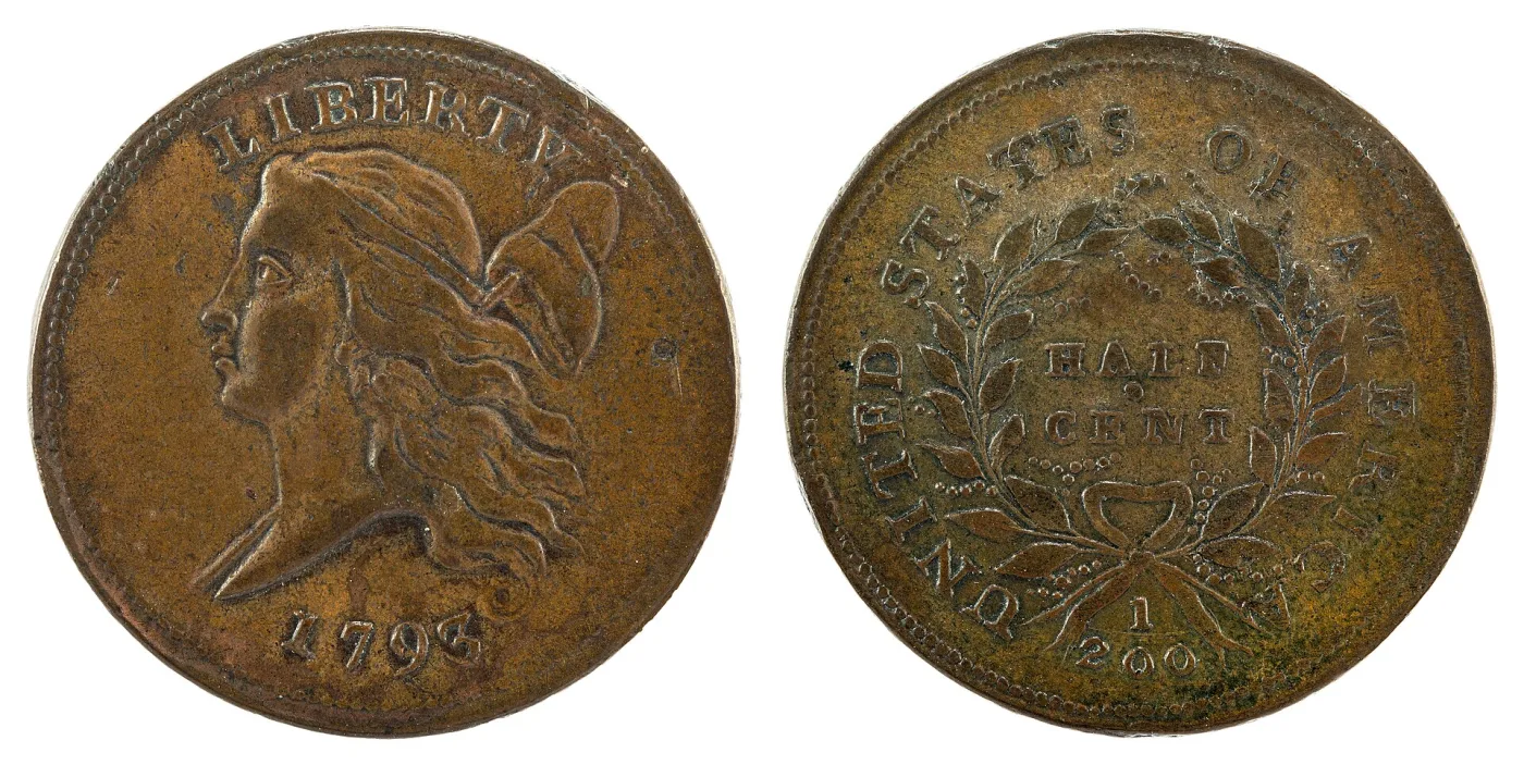 Obverse and reverse of a 1793 Liberty Cap half cent, Liberty facing left with the cap on a pole and the reverse reading HALF CENT with the fraction 1/200