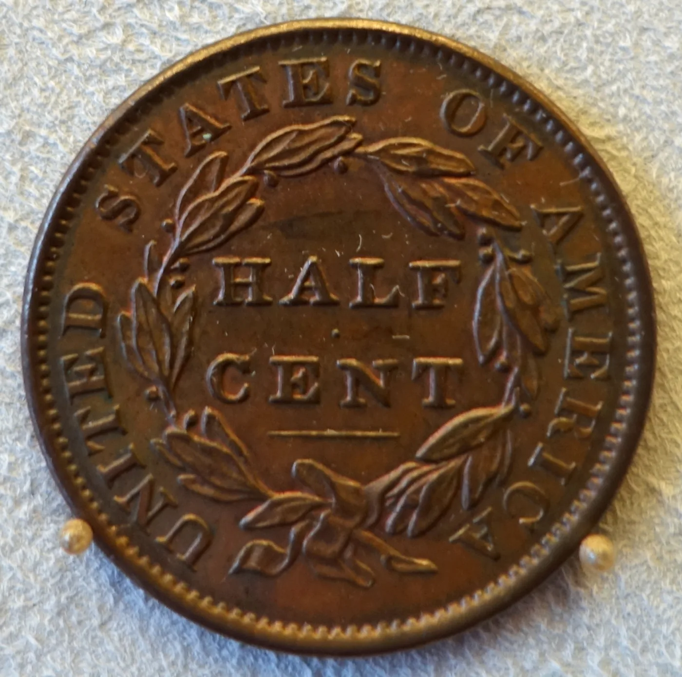 Close view of the reverse of an 1833 Classic Head half cent, HALF CENT inside a wreath with a plain bar beneath and no fraction below the bow