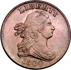 Obverse of an 1800 Draped Bust half cent, Liberty facing right with LIBERTY above and the date 1800 below