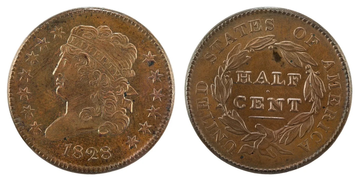 Obverse and reverse of an 1828 Classic Head half cent, Liberty facing left wearing a headband inscribed LIBERTY with stars around the border, and a reverse reading HALF CENT within a wreath