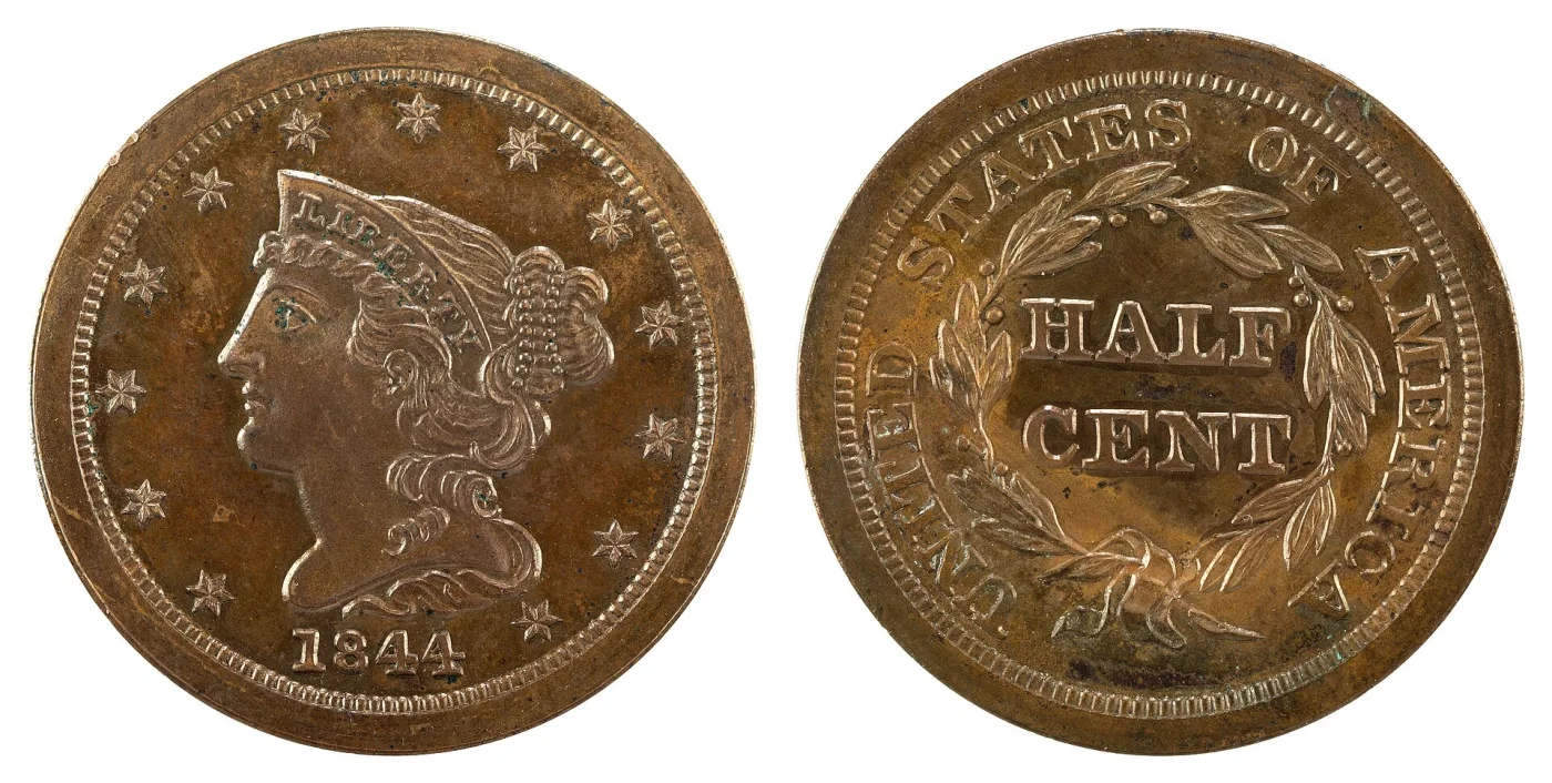Obverse and reverse of an 1844 Braided Hair half cent proof, showing mirror fields, Liberty facing left with a beaded bun and thirteen stars, and a reverse reading HALF CENT within a wreath