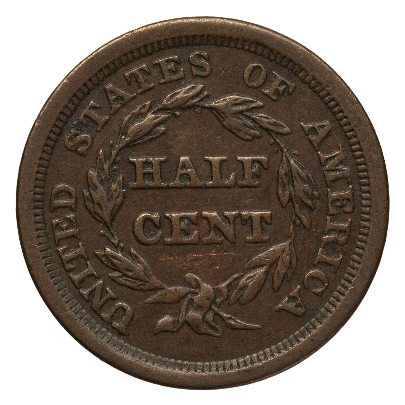 Reverse of an 1857 Braided Hair half cent showing HALF CENT inside an open wreath with no fraction beneath