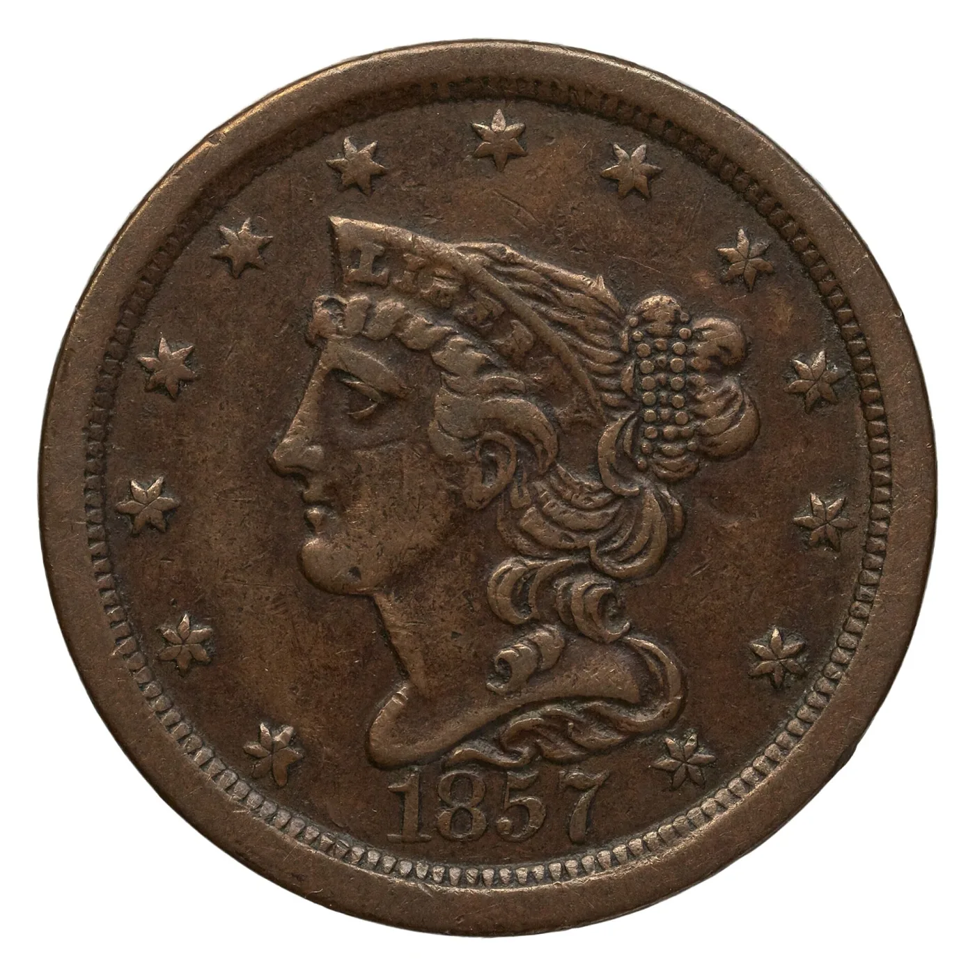 Obverse of an 1857 Braided Hair half cent, Liberty facing left with LIBERTY on the coronet band, a beaded bun behind the head, thirteen stars around the border and the date 1857 below