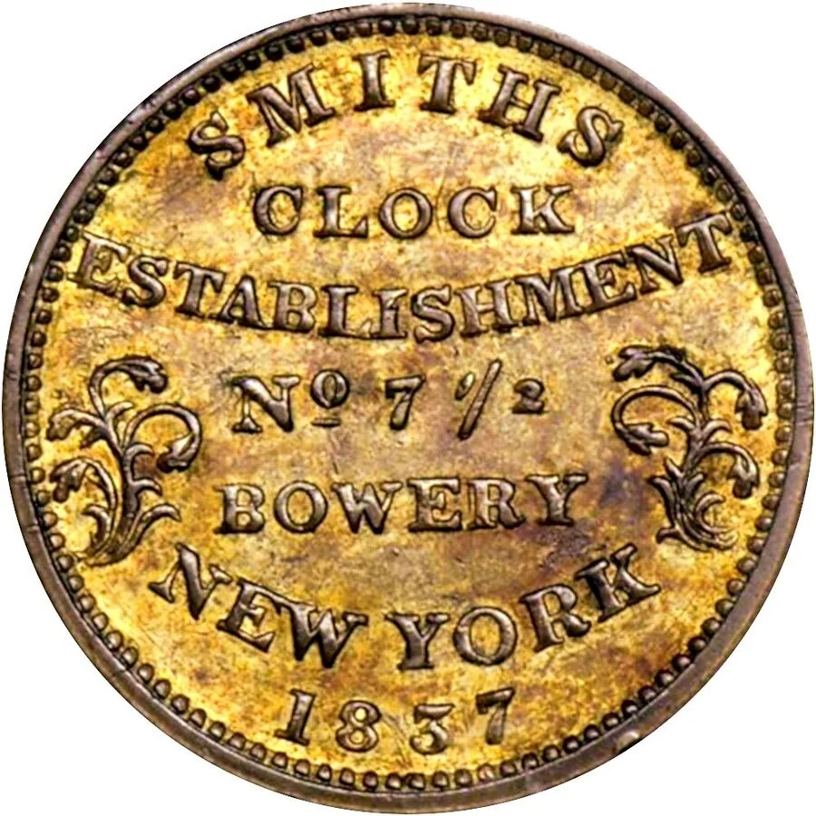 The other side of the same store card reading SMITHS CLOCK ESTABLISHMENT No 7 1/2 BOWERY NEW YORK 1837