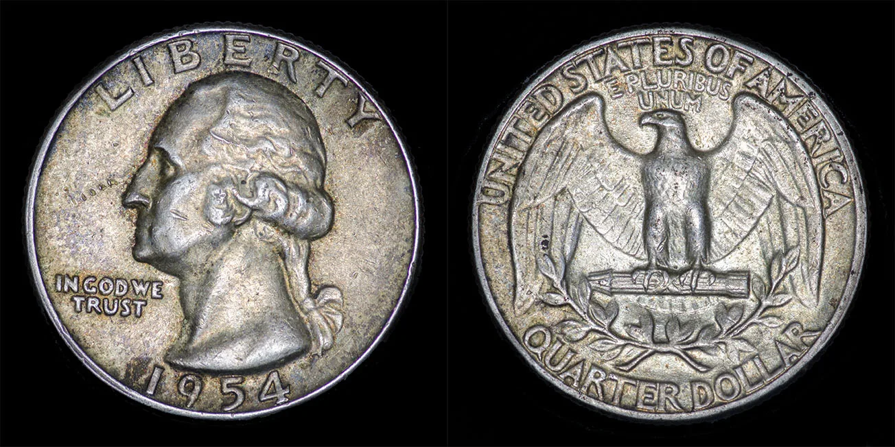 Obverse and reverse of a 1954 United States quarter, a profile of Washington on one side and an eagle on the other