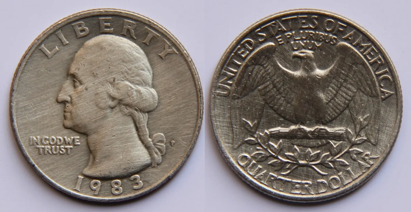 Obverse and reverse of a United States quarter dollar showing a profile of Washington and a heraldic eagle
