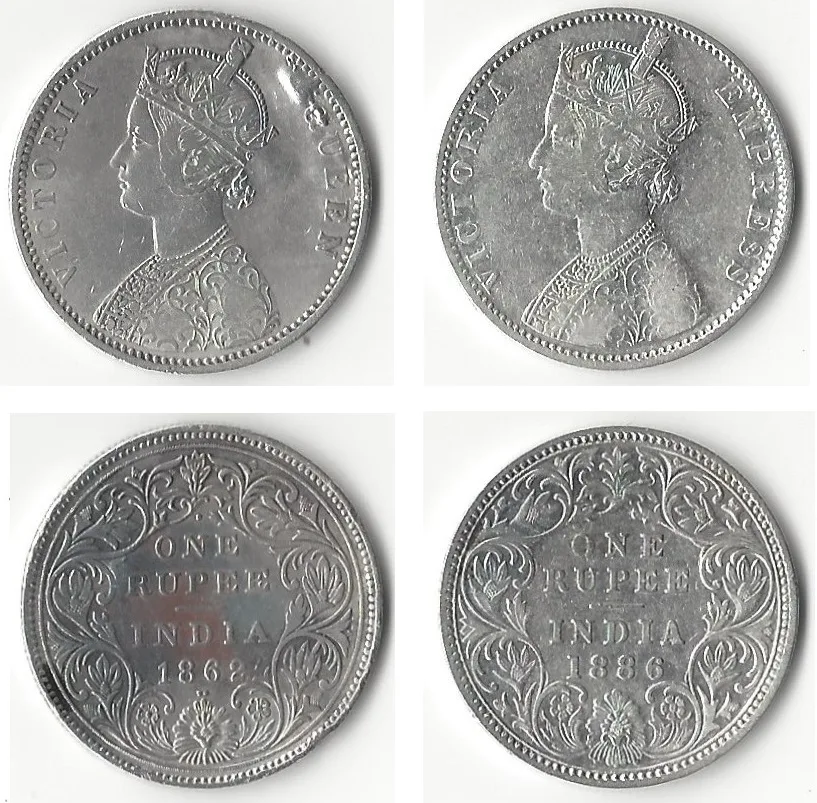 An 1862 VICTORIA QUEEN rupee beside an 1886 VICTORIA EMPRESS rupee, both obverses and both reverses shown