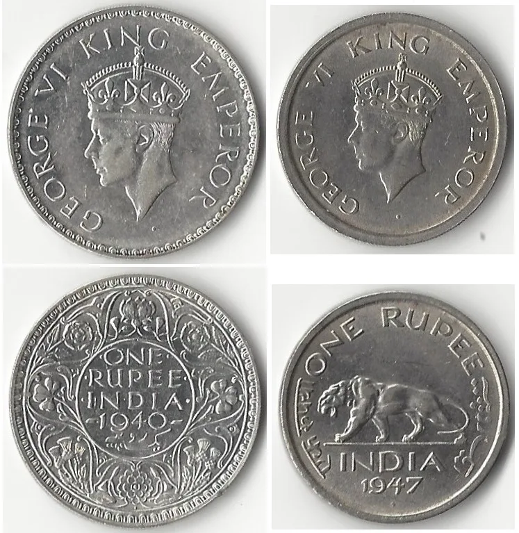 A 1940 George VI silver rupee with a floral wreath reverse beside the 1947 nickel rupee with an Indian tiger on the reverse