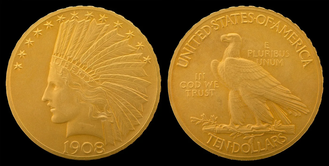 1908 With Motto Indian Head eagle, obverse and reverse, with IN GOD WE TRUST left of the eagle and no dots around the legends