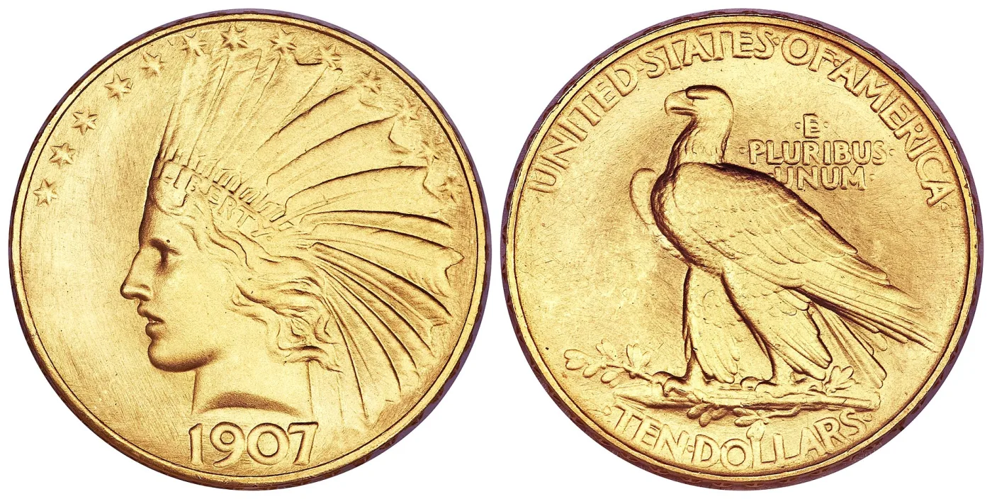 1907 Indian Head eagle with small dots flanking E PLURIBUS UNUM and TEN DOLLARS on the reverse
