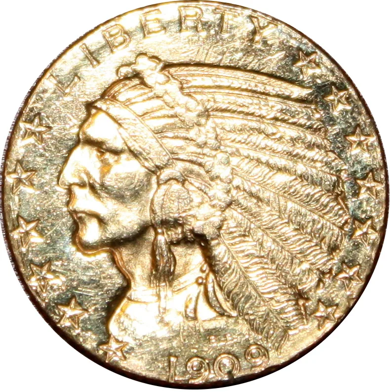 Obverse of an Indian Head half eagle dated 1909, the chief in a feathered war bonnet with LIBERTY arced above, thirteen stars around, and the B.L.P. monogram above the date