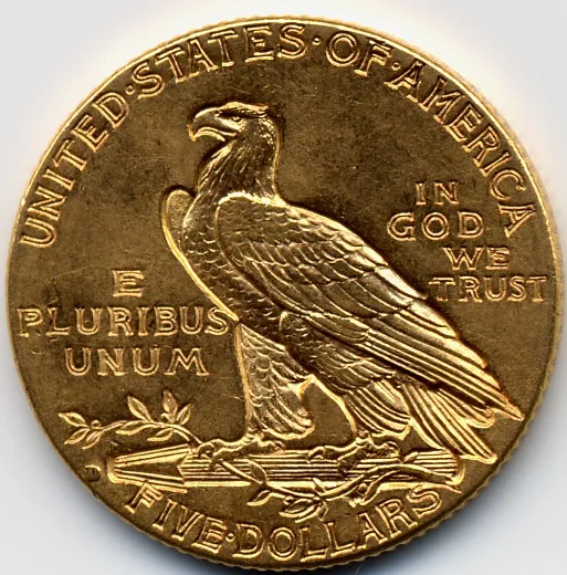 Reverse of an Indian Head half eagle reading FIVE DOLLARS, with a small mint mark at the lower left between the rim and the tips of the arrows