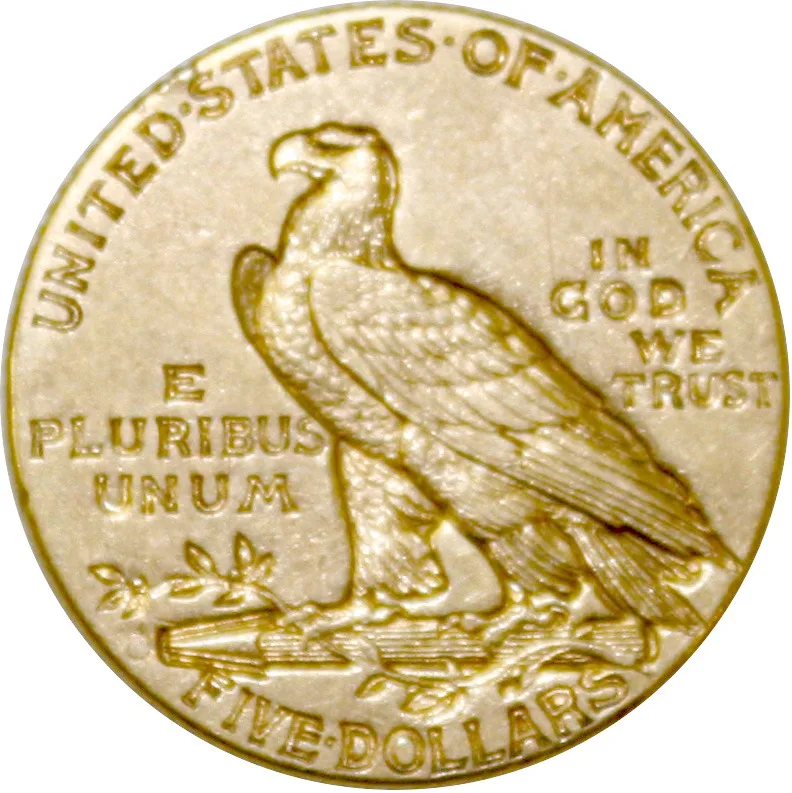 Reverse of an Indian Head half eagle reading FIVE DOLLARS, photographed unusually pale for a gold coin, with an indistinct mark in the mint mark position at the lower left
