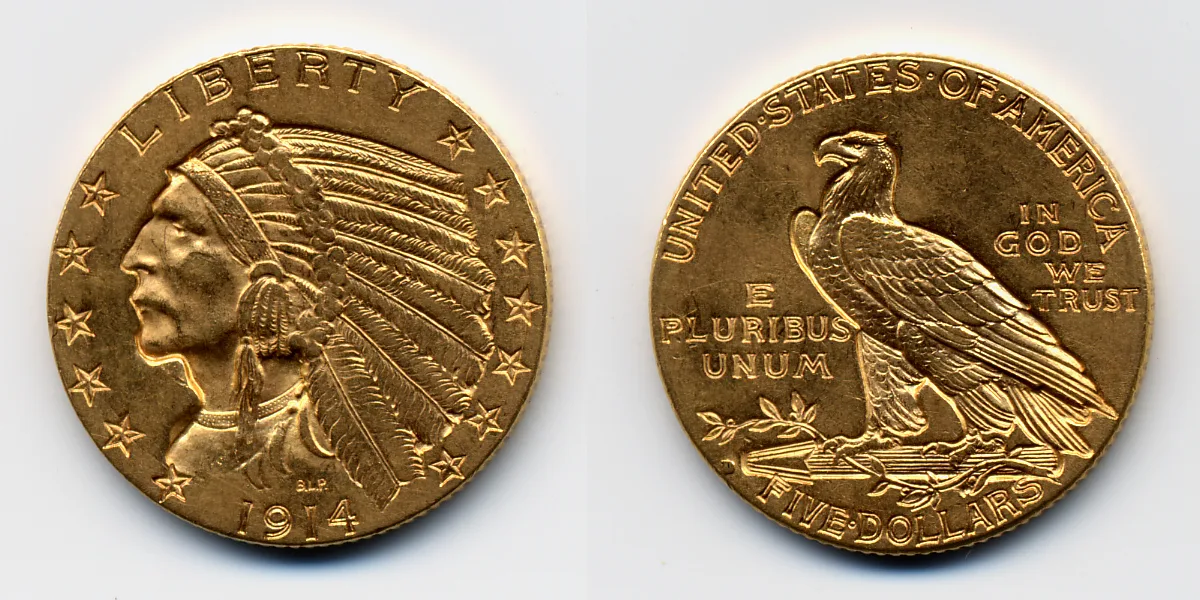 Obverse and reverse of a 1914 Indian Head half eagle side by side: a Native American chief in a feathered war bonnet above the date 1914, and a standing eagle on arrows and an olive branch above FIVE DOLLARS, with a small D mint mark at the lower left