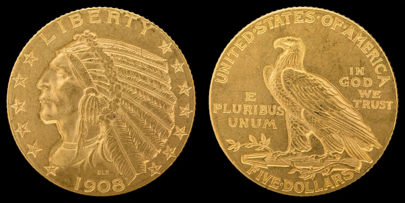 Obverse and reverse of a 1908 Indian Head half eagle side by side, the chief within thirteen stars and the eagle above FIVE DOLLARS with no mint mark