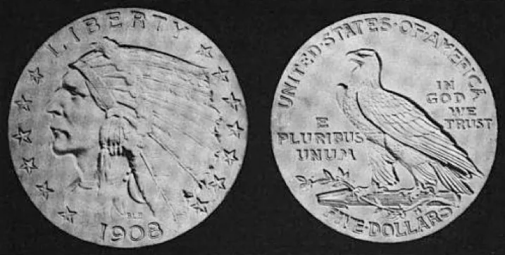 Black and white photograph of two plaster models by Bela Lyon Pratt for the Indian Head half eagle, the obverse model dated 1908 and the reverse model reading FIVE DOLLARS