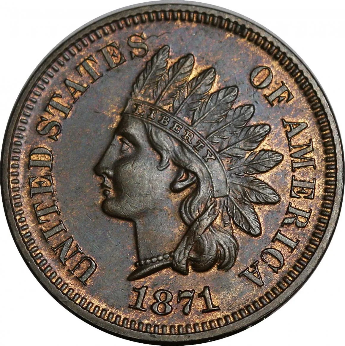 Obverse of an 1871 proof Indian Head cent, every letter of LIBERTY complete on the headband and each feather ending in a separate point