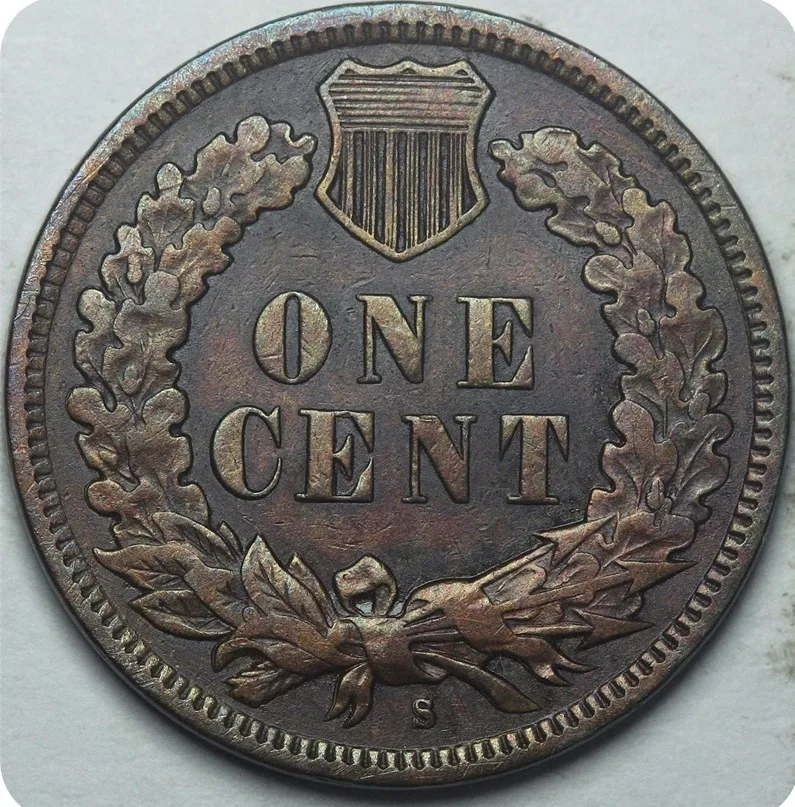 Reverse of a 1909-S Indian Head cent with a small S mint mark in the field below the ribbon bow, outside the wreath