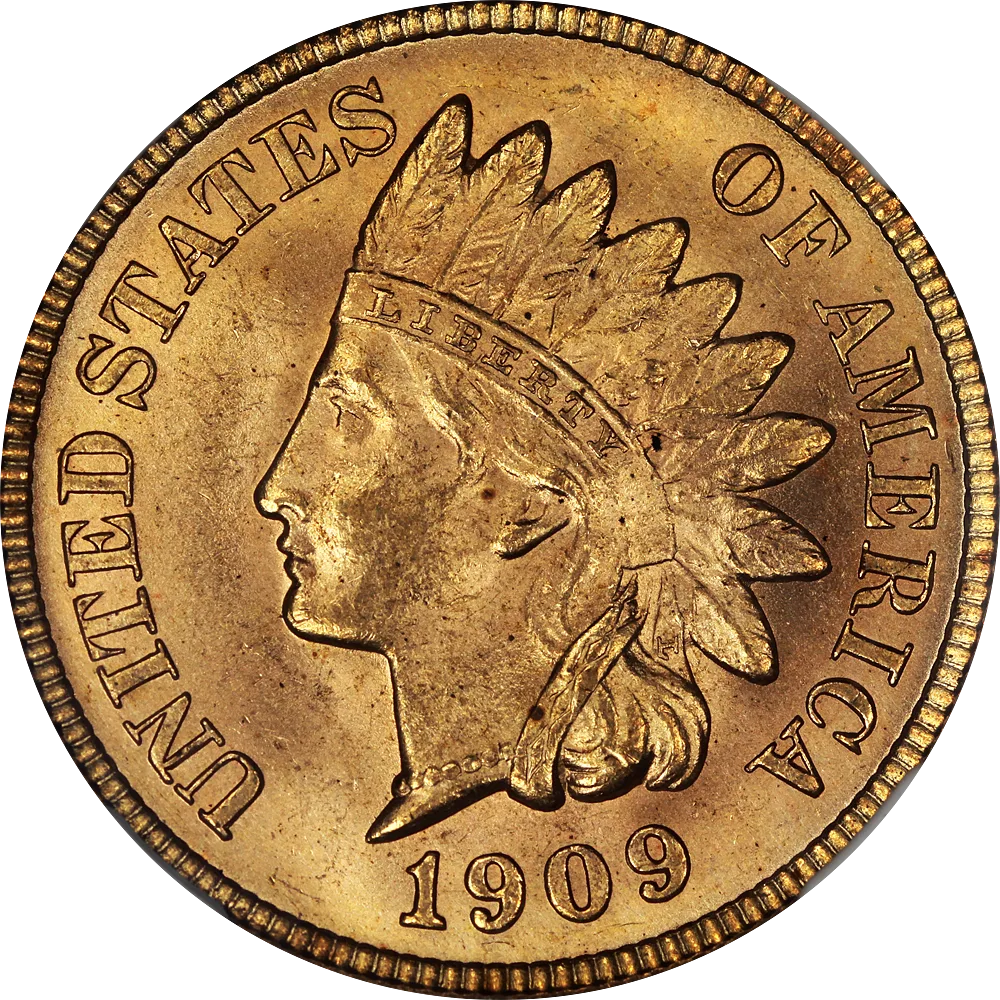 Obverse of a 1909 Indian Head cent graded MS-65 Red, the original orange mint color covering the entire surface