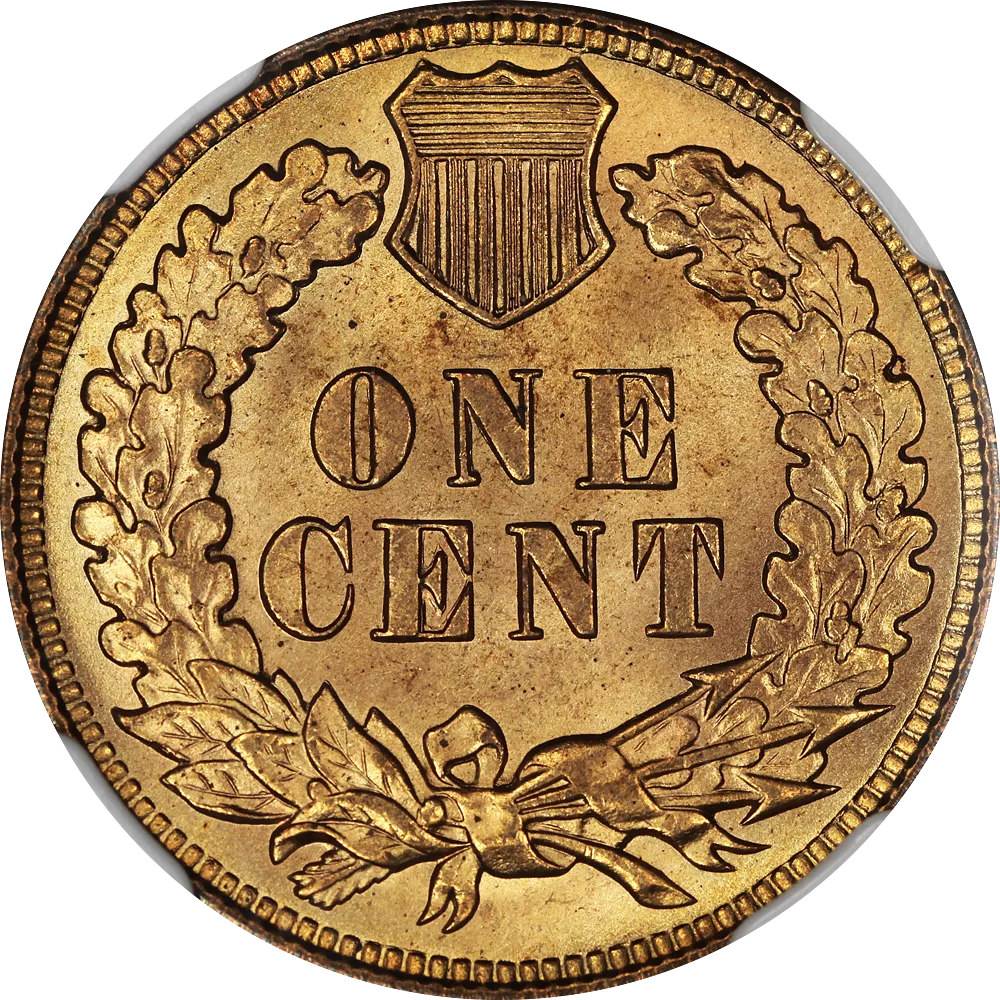 Reverse of a 1909 Philadelphia Indian Head cent, the strip of field between the ribbon bow at the base of the wreath and the rim completely bare