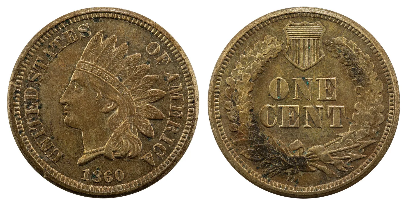 Obverse and reverse of an 1860 Indian Head cent side by side, Liberty in a feathered headdress on the left and ONE CENT inside an oak wreath topped by a shield on the right