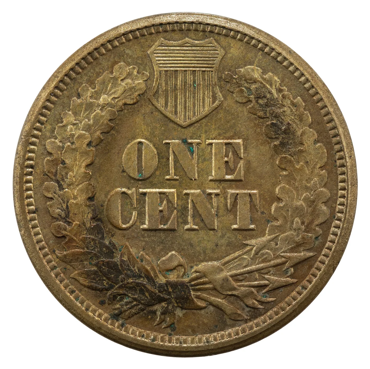 Reverse of an 1860 Indian Head cent, ONE CENT inside a broad oak wreath with acorns, a federal shield closing the gap at the top