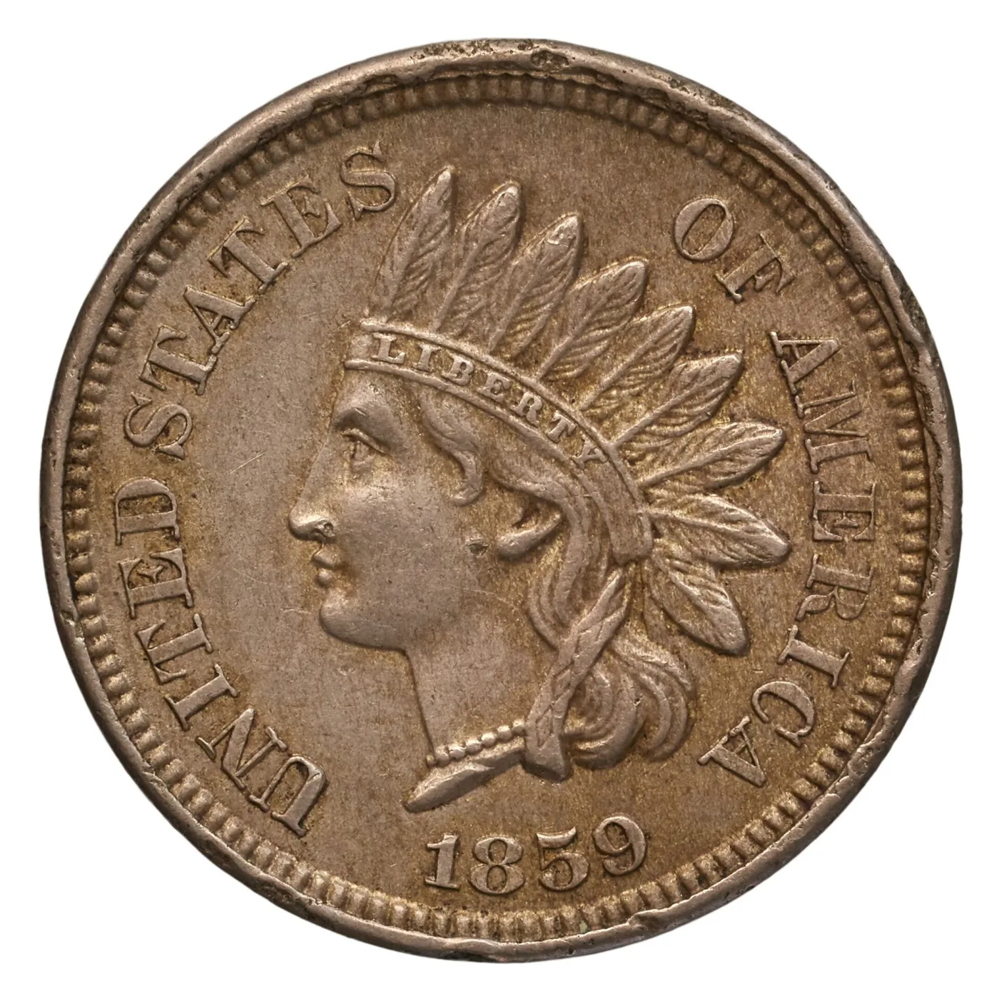 Obverse of an 1859 Indian Head cent, Liberty facing left in a feathered headdress with LIBERTY on the headband and the date below the portrait