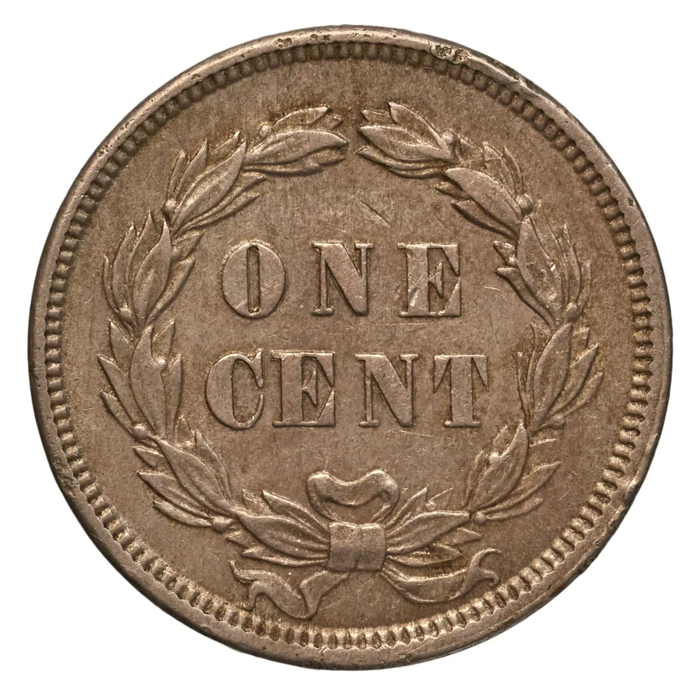 Reverse of an 1859 Indian Head cent, ONE CENT inside a laurel wreath of narrow pointed leaves whose tips stop short of each other at the top, leaving the field there empty