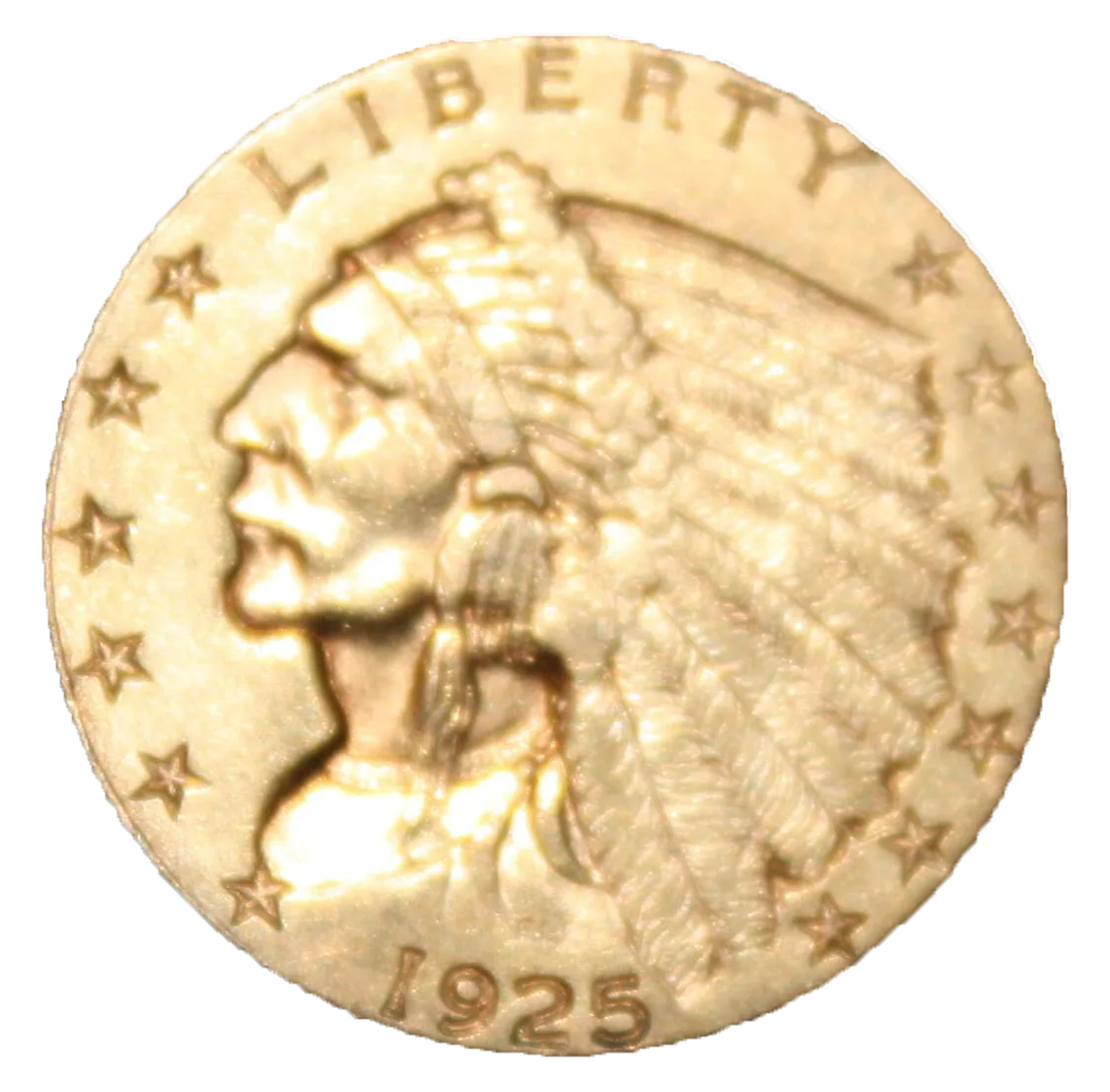 Obverse of a 1925 Indian Head quarter eagle photographed with the background cut away, the incuse portrait and feathered headdress unchanged from 1908 and the date 1925 below