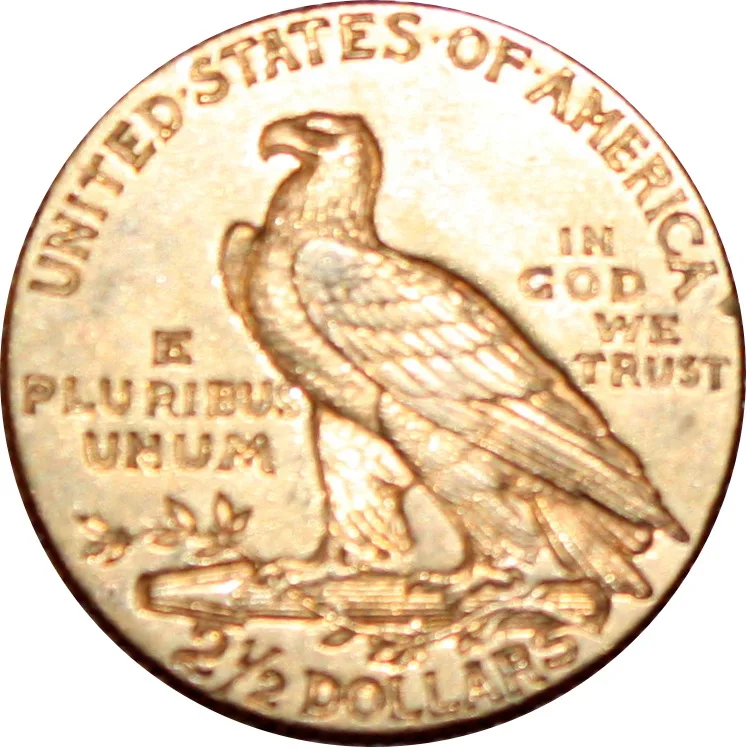 Reverse of a 1925 Indian Head quarter eagle, the incuse standing eagle on the arrow bundle with 2 and a half DOLLARS below and no mint mark legible in the field to the left of the bundle