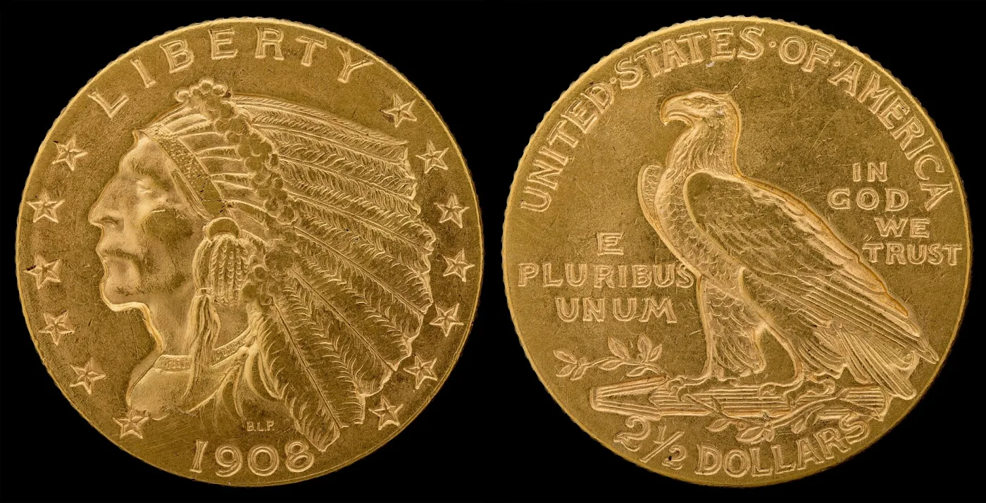 Obverse and reverse of a 1908 Indian Head quarter eagle side by side, the chief's portrait and the standing eagle both sunk below the flat field, the obverse dated 1908 and the reverse reading 2 and a half DOLLARS
