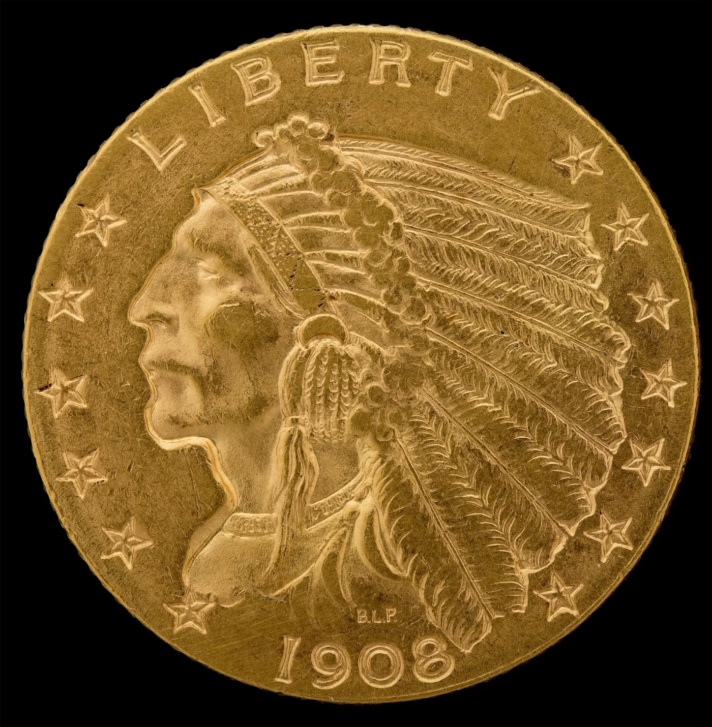 Obverse of a 1908 Indian Head quarter eagle at large scale, with LIBERTY, the thirteen stars, the date and the chief's whole portrait cut below a flat unbroken field, and the initials B.L.P. under the bust
