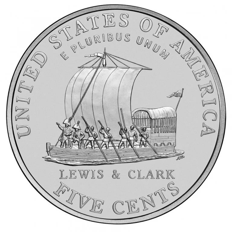 Reverse of a 2004 Westward Journey Jefferson nickel showing the Lewis and Clark keelboat under sail with crew at the oars, LEWIS & CLARK above FIVE CENTS