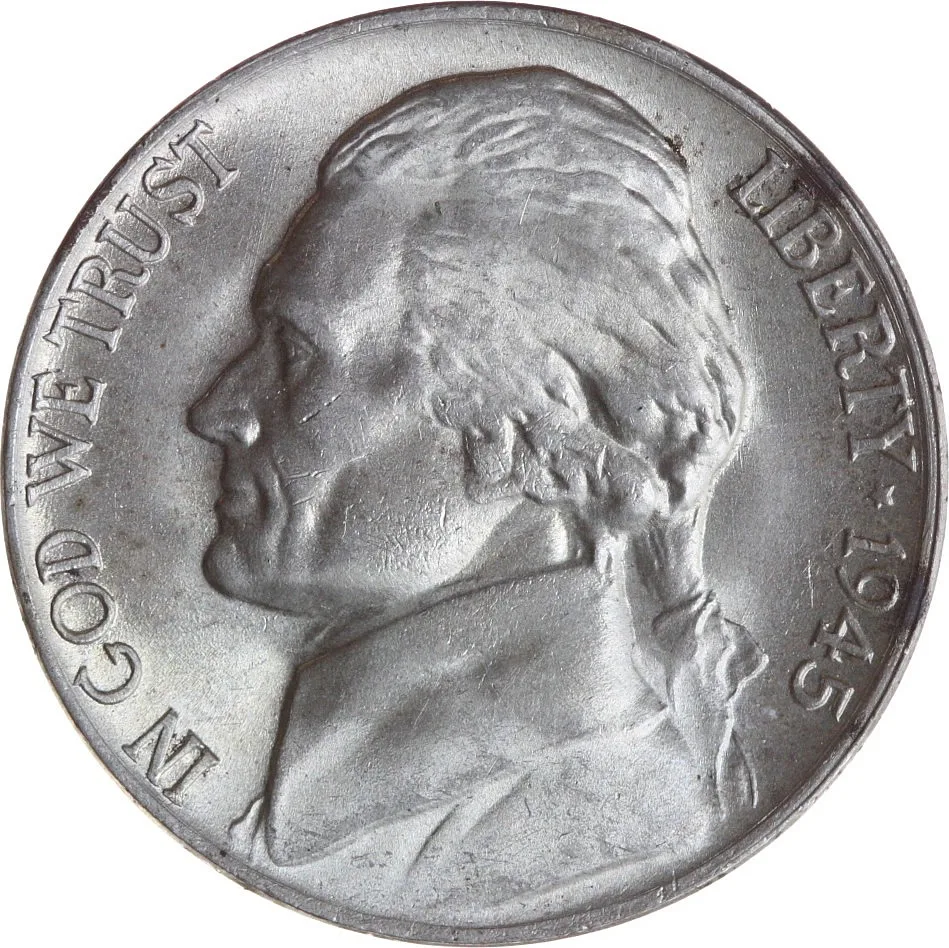 Obverse of a 1945 Jefferson war nickel, the date reading LIBERTY star 1945 at the right of the portrait