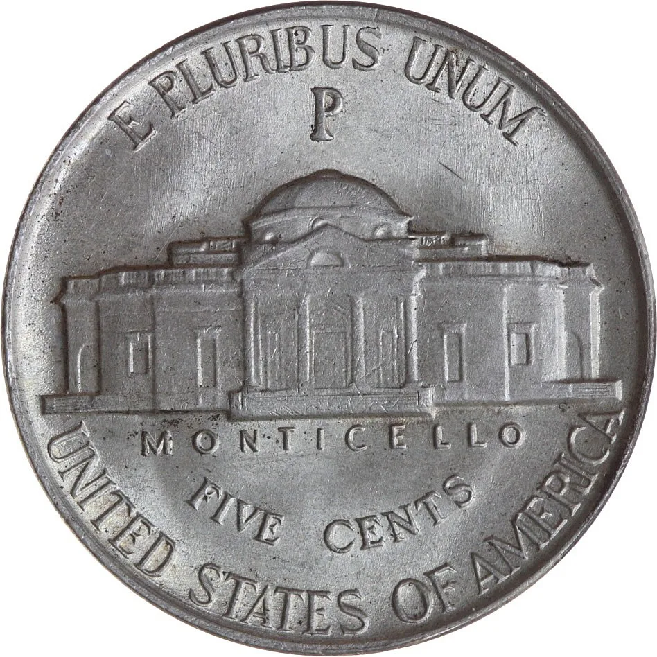 Reverse of a 1945-P Jefferson war nickel showing an oversized P mint mark directly above the dome of Monticello, under E PLURIBUS UNUM