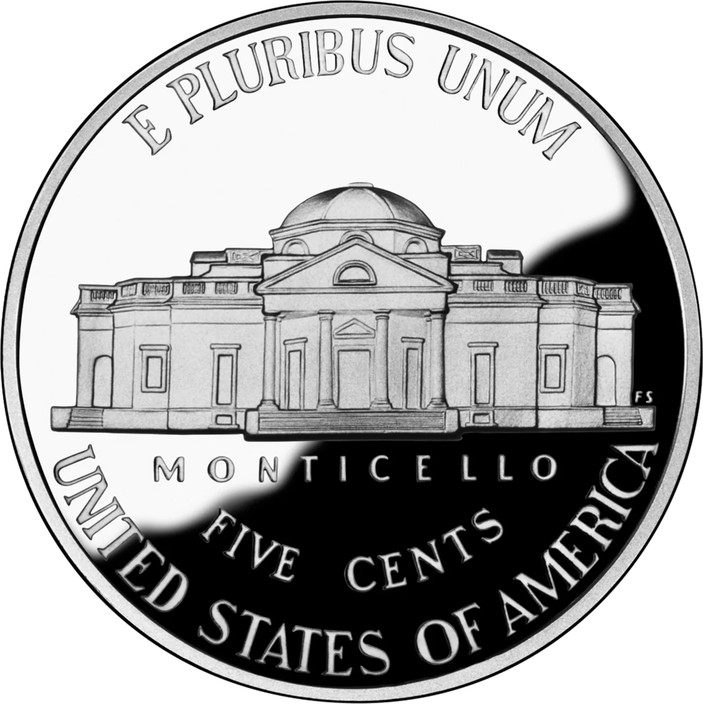 Reverse of a proof Jefferson nickel in the revised Monticello design, the mirrored field reading black against a frosted white building