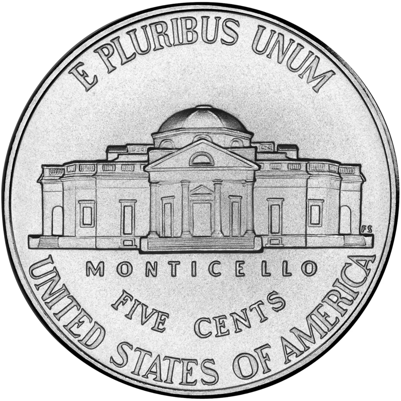 Reverse of a Jefferson nickel in the revised Monticello design used from 2006, showing roof balustrades, extra window detail and the FS initials at the lower right of the building