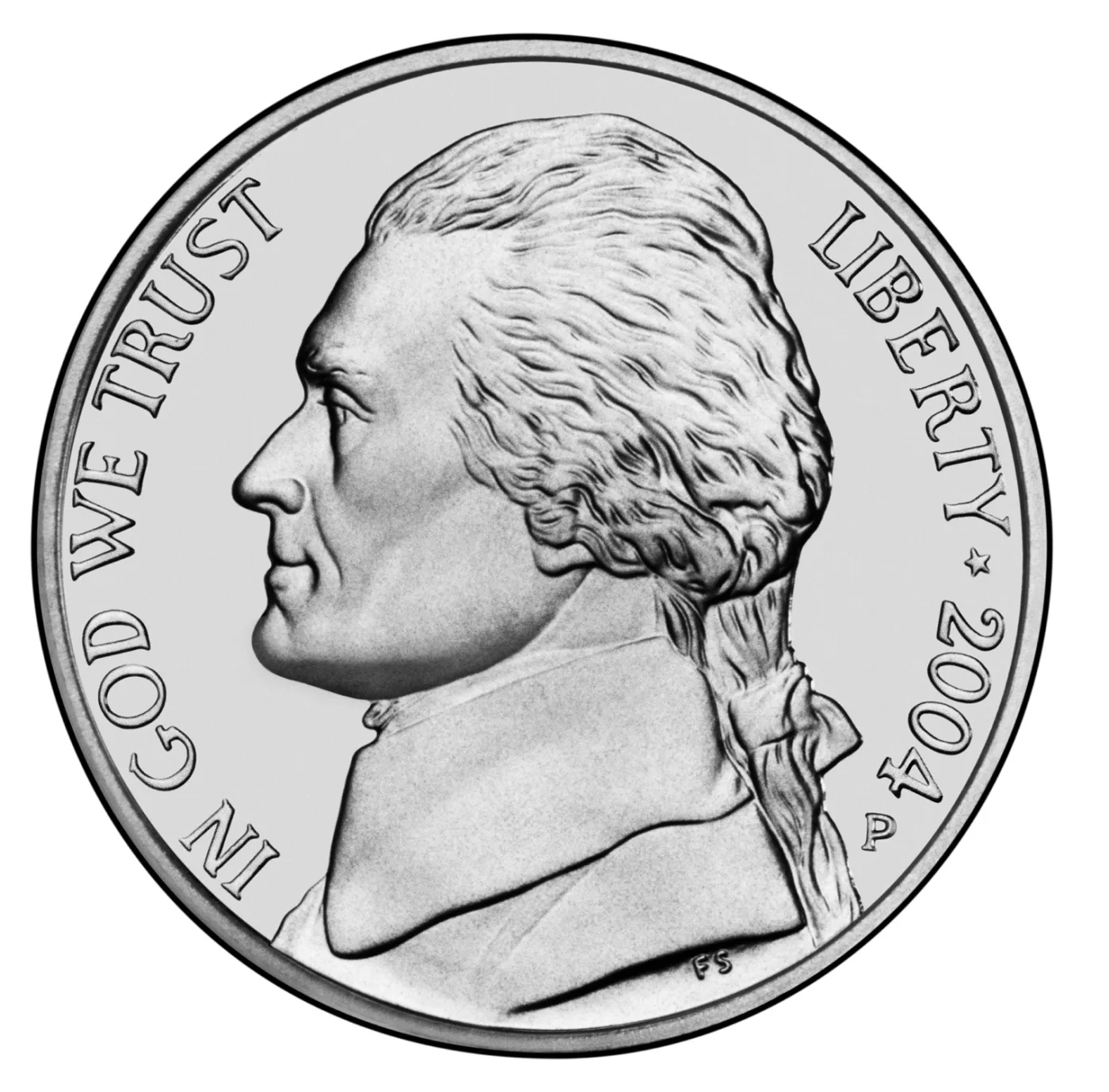 Obverse of a 2004-P Jefferson nickel in the classic Schlag design, with IN GOD WE TRUST at the left, LIBERTY, a star and the date at the right, the P mint mark below the date and the FS initials at the shoulder truncation