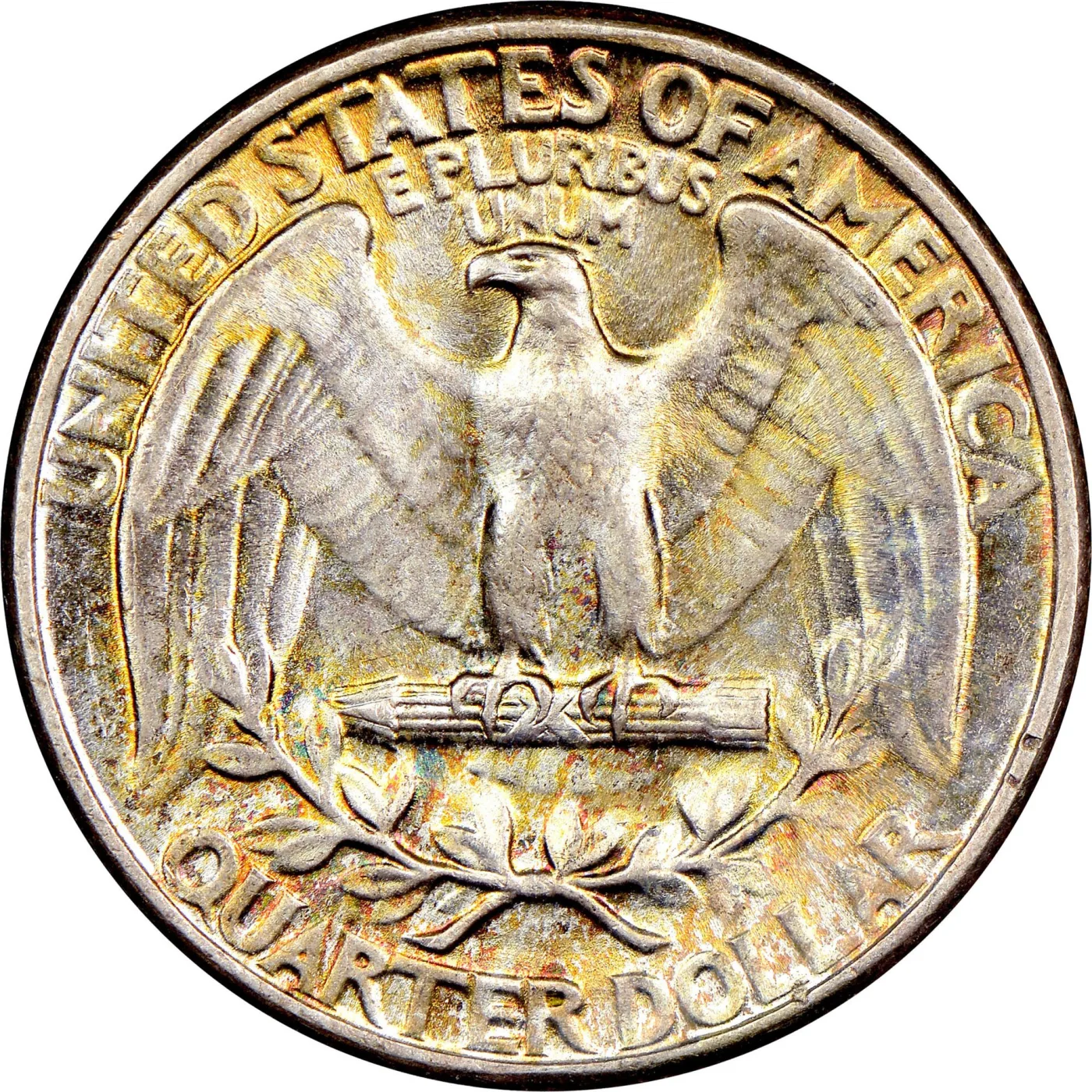 Reverse of a Washington quarter carrying heavy gold and rainbow peripheral toning around the eagle