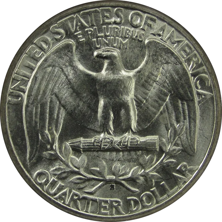 Reverse of a 1944-S Washington quarter showing the heraldic eagle and the S mint mark beneath the wreath bow