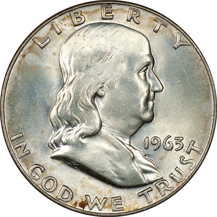 Obverse of a 1963 Franklin half dollar showing Benjamin Franklin facing right with the date at the lower right