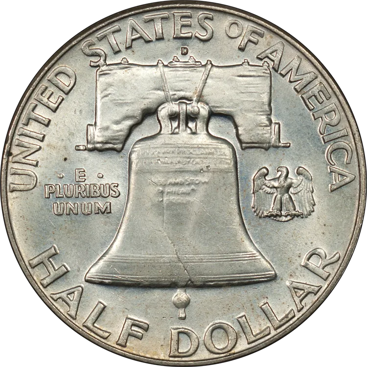 Reverse of a 1963-D Franklin half dollar showing the Liberty Bell, the small eagle at the right, and the D mint mark above the bell yoke