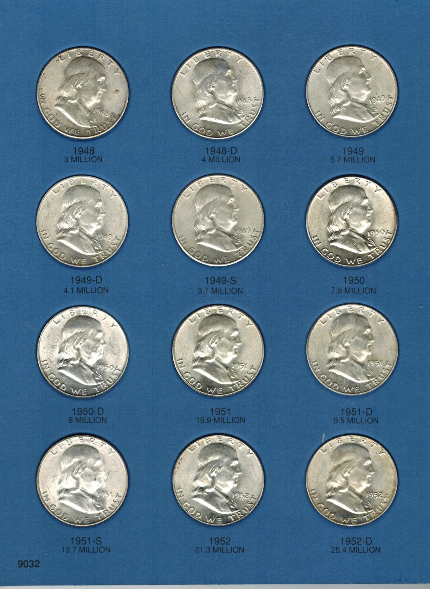 A Whitman coin folder page holding twelve Franklin half dollars, each slot printed with its date, mint mark and mintage from 1948 through 1952-D